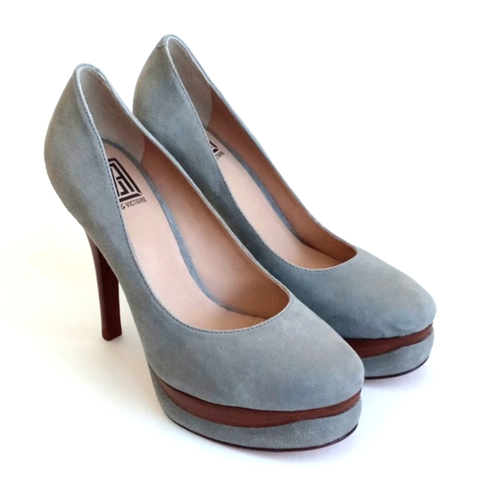 Pour La Victoire Grey Suede Leather High Heel Platform Pumps 7.5